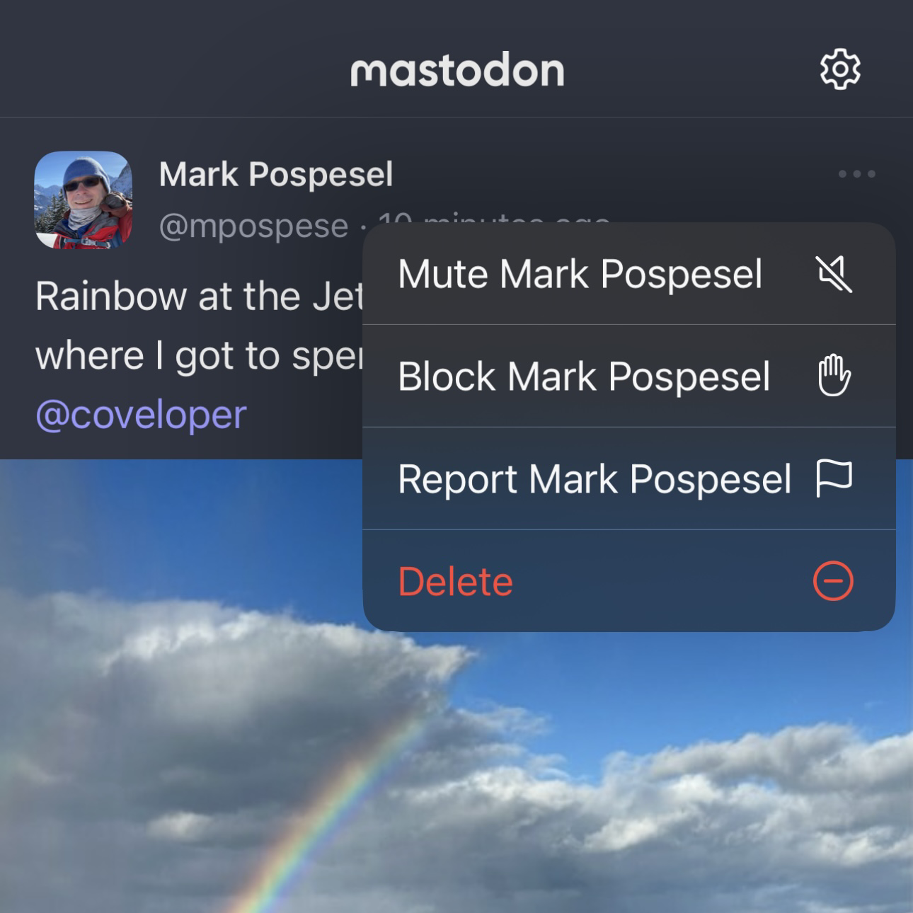 Screenshot of one of my own posts in the Mastodon app. A context menu is open revealing the option to mute, block, or report myself.
