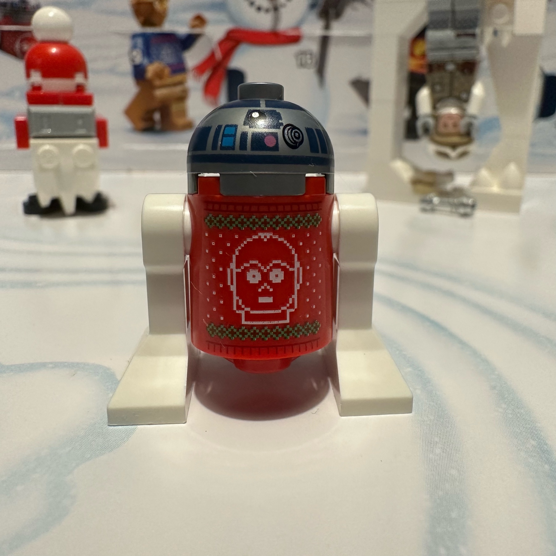 LEGO R2-D2 droid wearing an ugly sweater with a C-3PO pattern