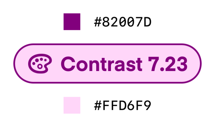 Dark and light pink color swaths with text reading #82007D, Contrast 7.23, #FFD6F9