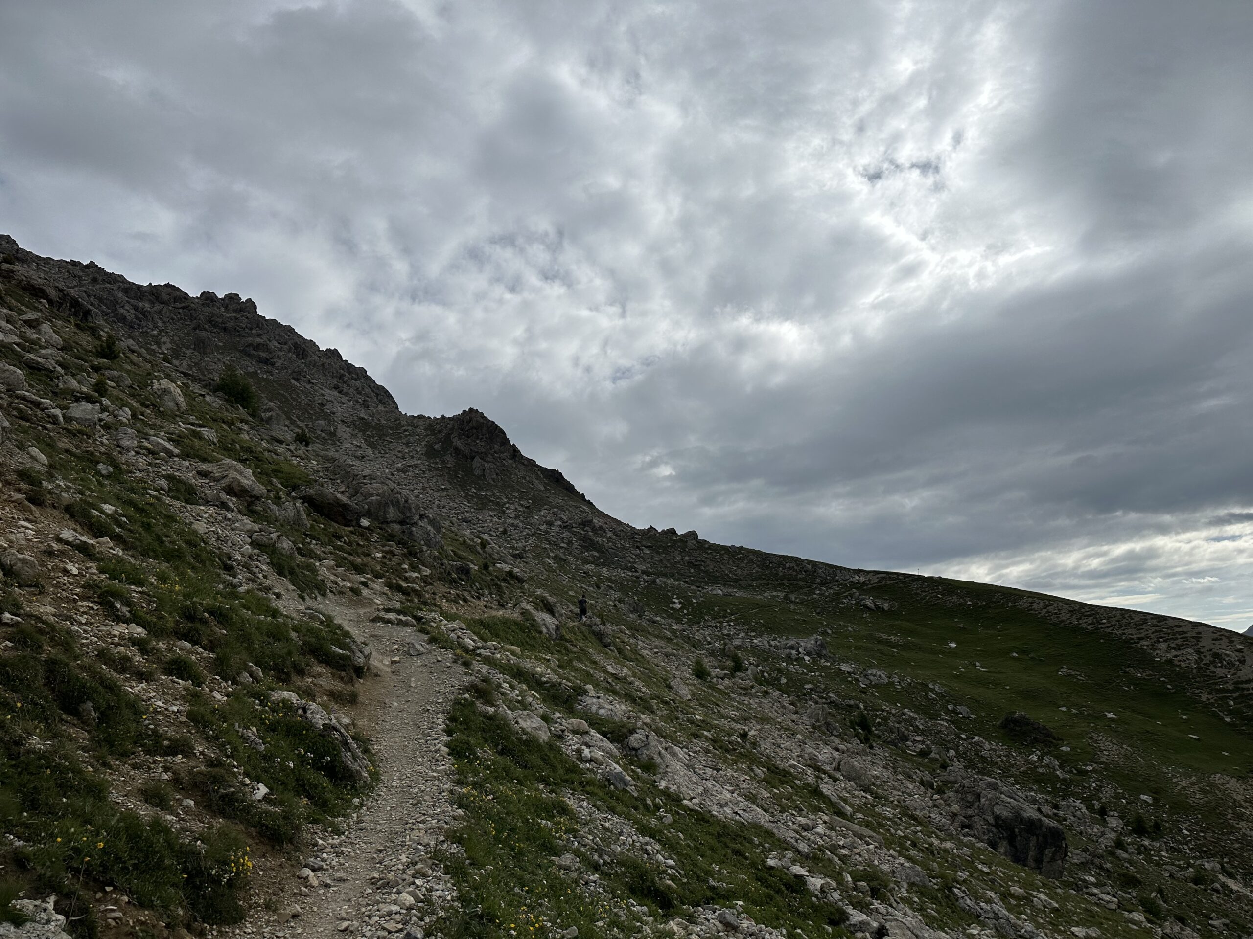 View of hiking trail across high alpine terrain, rocky and grassy, under a cloudy sky.