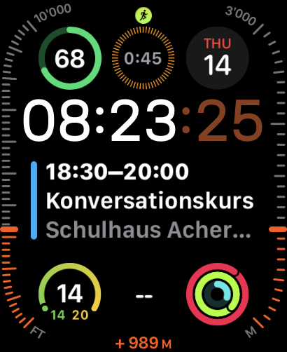 Screenshot of the new Modular Ultra watch face, showing elevation around the screen edges.