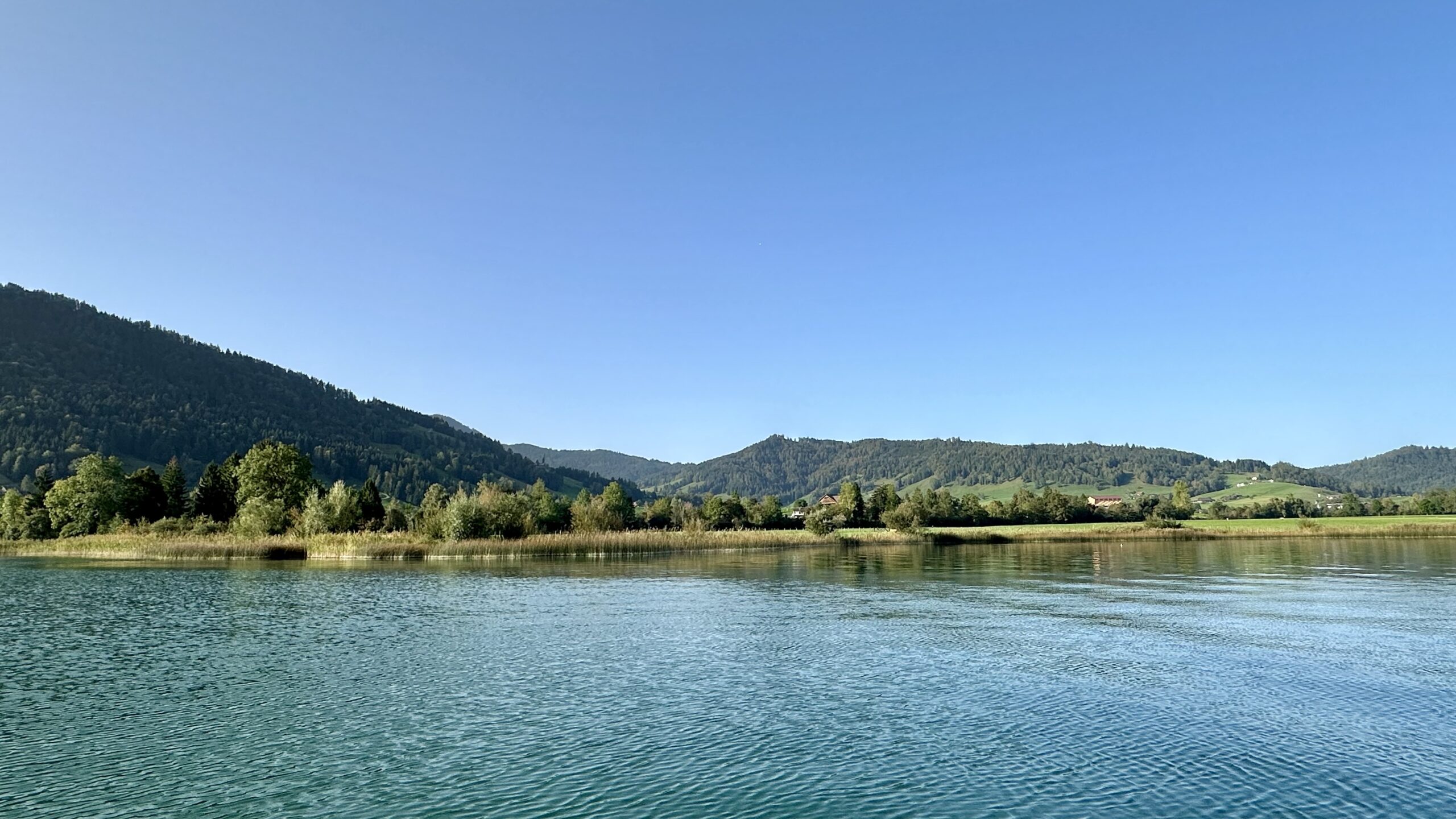 A blue lake with green forested hills in the background under a cloudless blue sky.