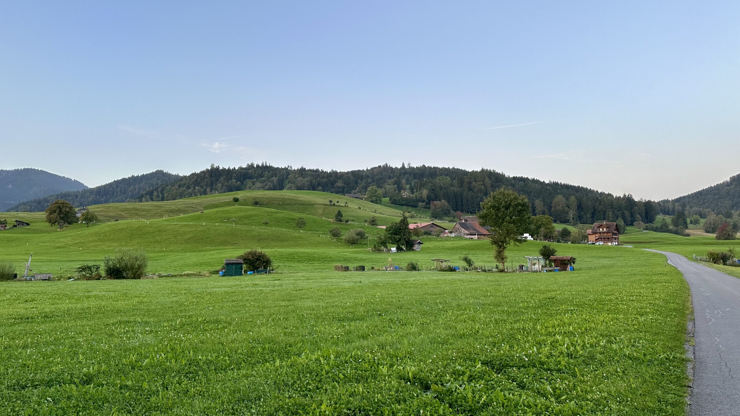Hilly green pastures with various farm buildings scattered about and higher wooded hills in the background all under a blue sky.