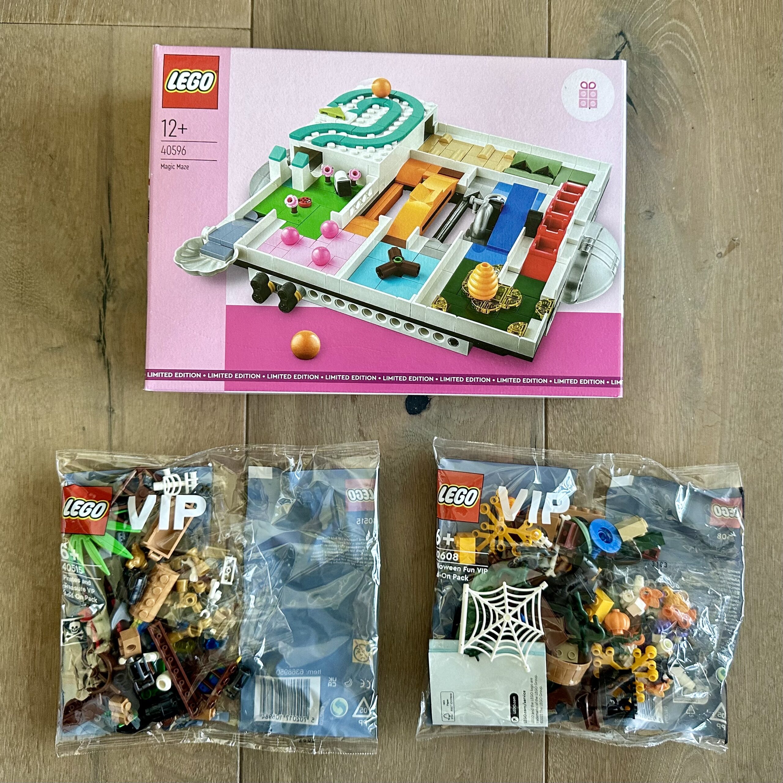 LEGO sets 40596 Magic Maze, 40515 Pirates and Treasure VIP Add-On Pack, and 40608 Halloween Fun VIP Add-On Pack