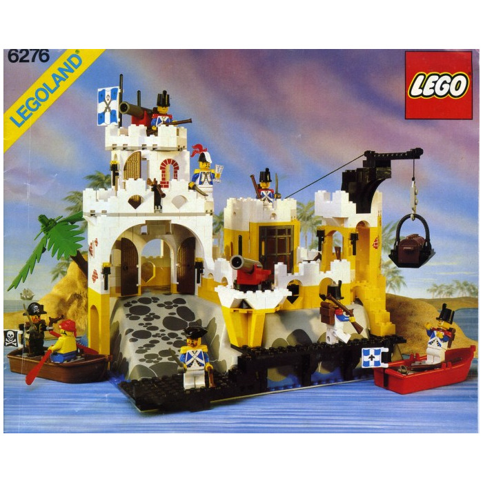 Box art of LEGO set 6276 Eldorado Fortress from 1989. An island fortress manned by soldiers and two rowboats, one crewed by a pair of pirates.